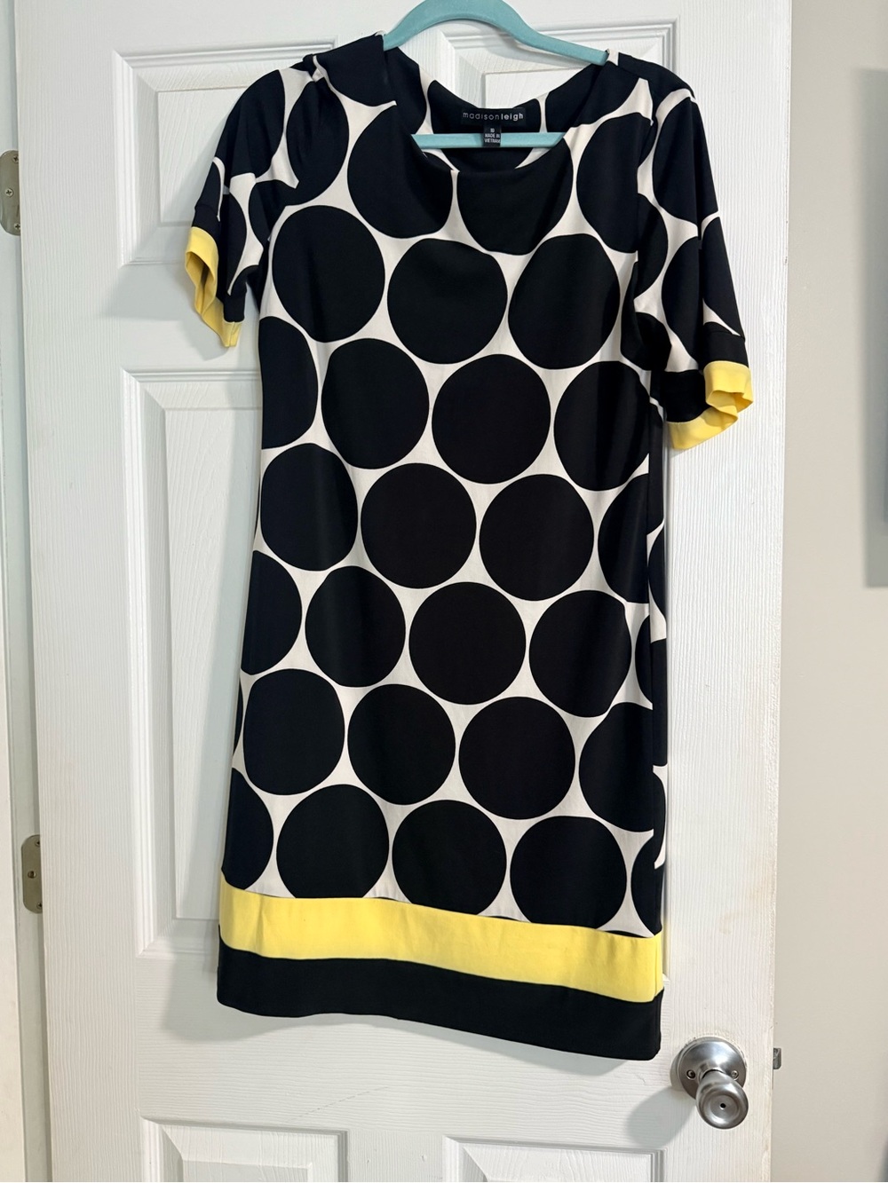 Mosaic Leigh Black & White Polka Dot Shift Dress with Yellow Trim